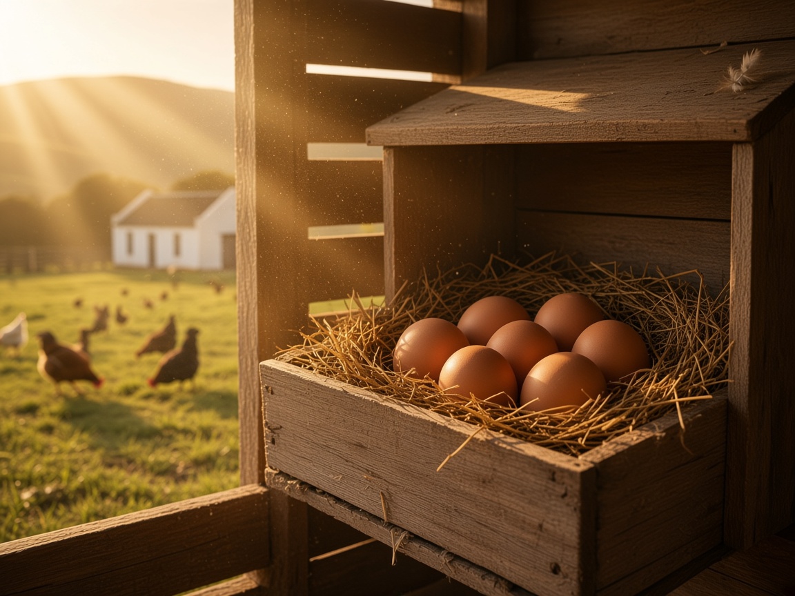Fresh brown farm eggs in a straw nest box
