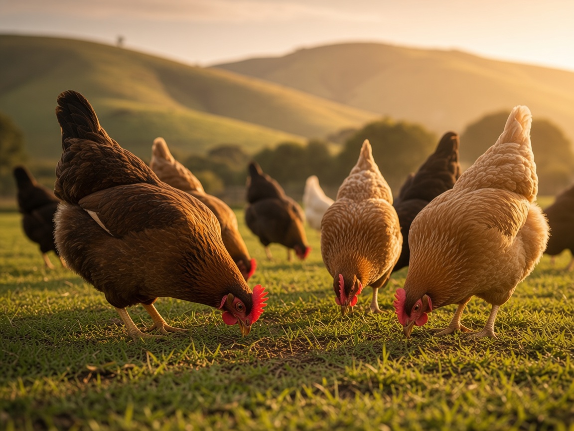 Brown, black, and white hens foraging in green pasture